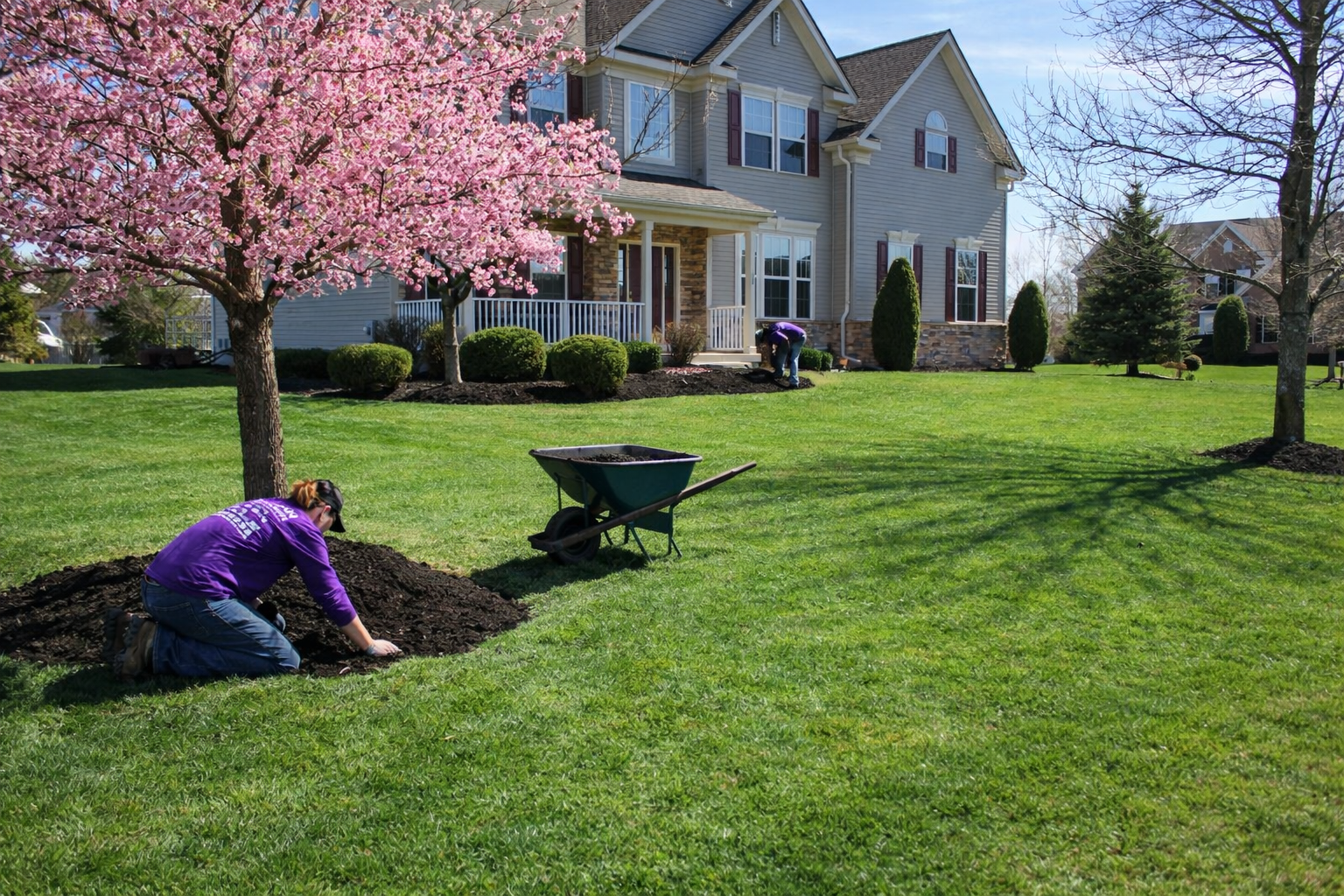 Morgan Landscape crew installing spring mulch at Burlington County NJ home
