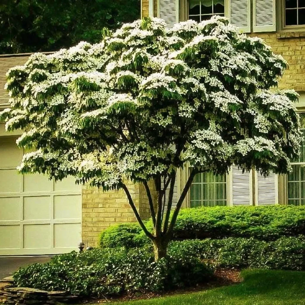Kousa dogwood tree in bloom with white star-shaped bracts in early summer in South Jersey