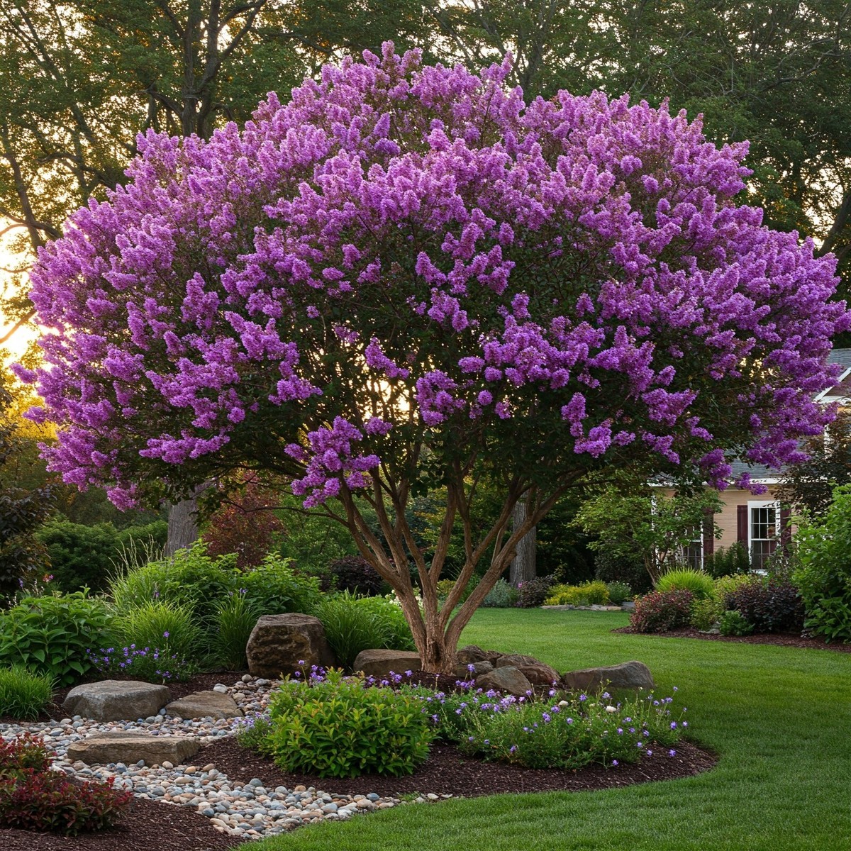 crape myrtle tree in full summer bloom in a South Jersey residential landscape